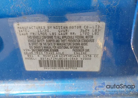 2021 Nissan Versa Sv Xtronic Cvt from USA, damaged, VIN 3N1CN8EV2ML829908